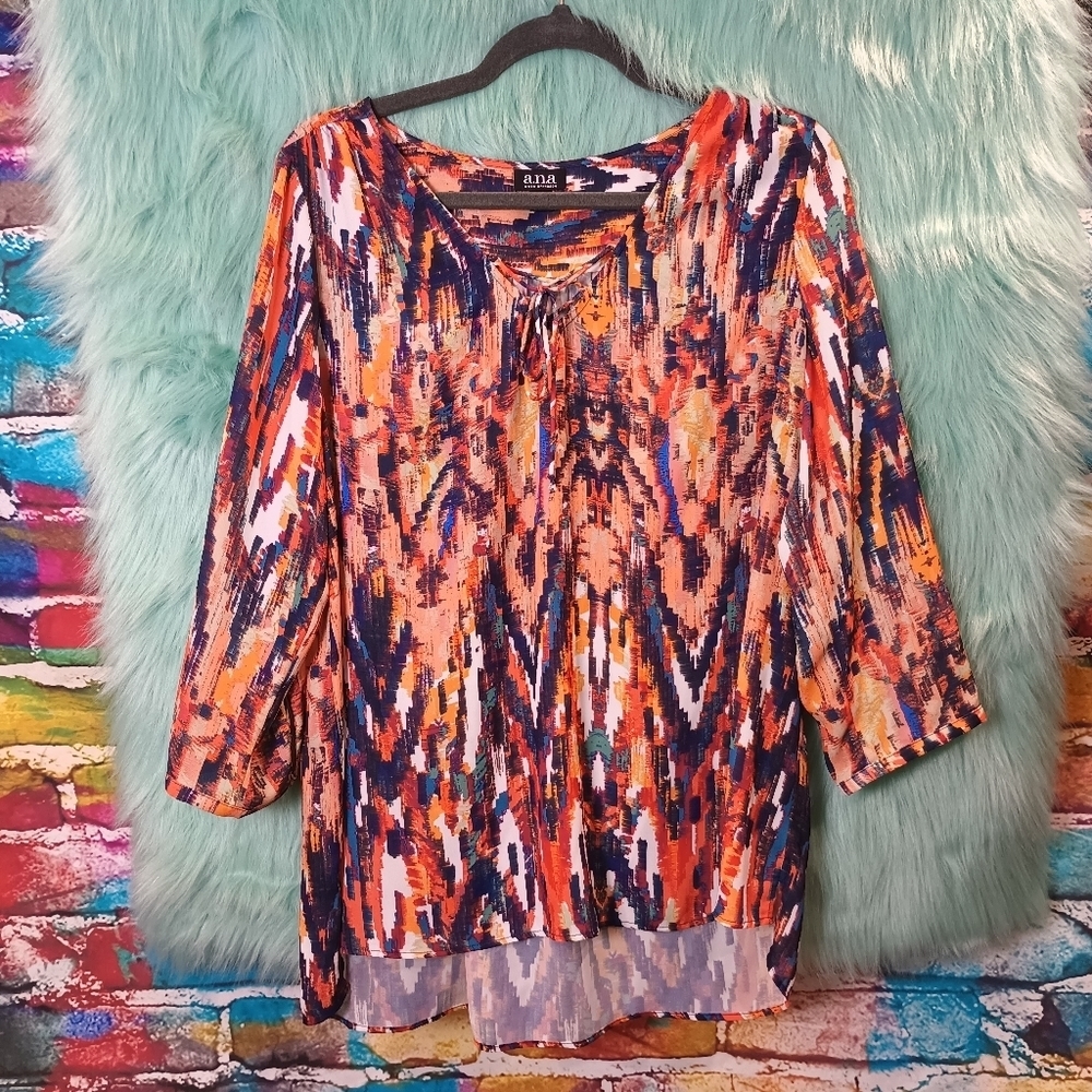 A.N.A Orange Blue and White Multi Color V-Neck Front Tie Long Sleeve Top Size L